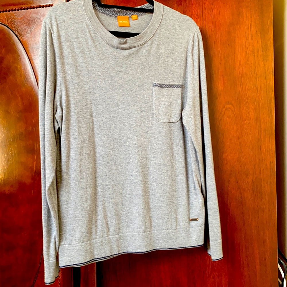 Boss long sleeve grey shirt with pocket detail.
